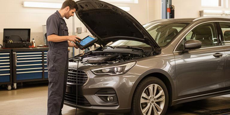 Automotive technician using a diagnostic scanner beside a modern vehicle in a bright repair bay