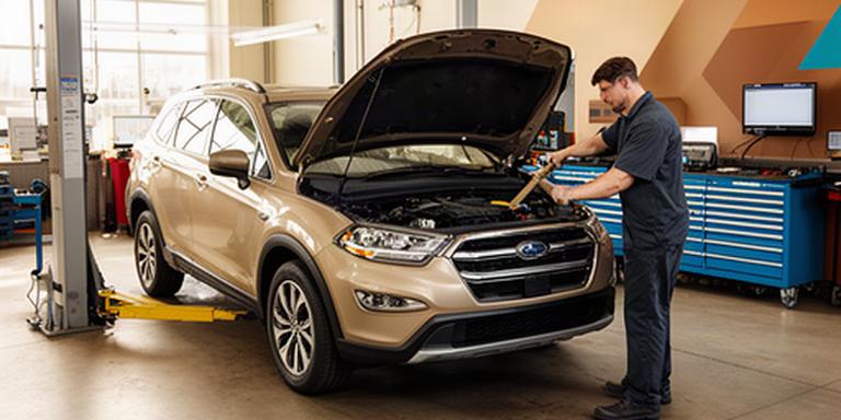 Automotive technician inspecting a vehicle inside a clean modern repair shop in Saguenay