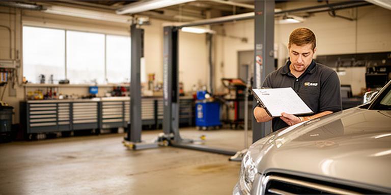 Automotive technician reviewing a vehicle inspection beside a service bay in a Saguenay repair shop