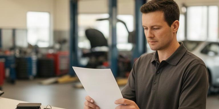 Automotive service advisor reviewing customer information at a repair shop desk in Saguenay
