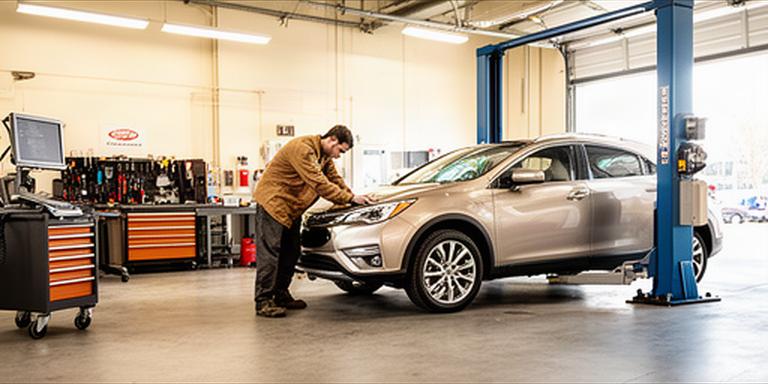 Mechanic checking a vehicle in a bright automotive service bay in Saguenay