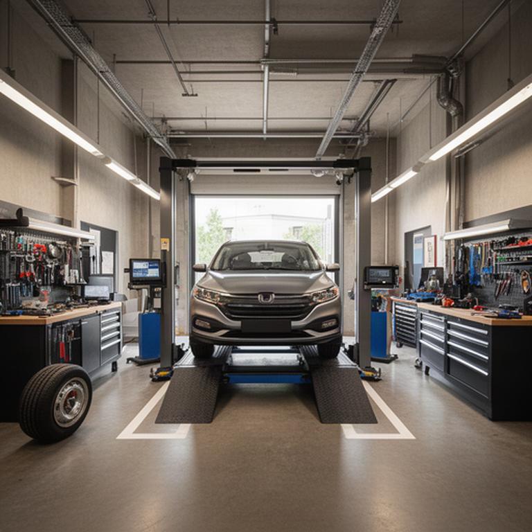 Clean automotive repair bay with a vehicle lift, diagnostic equipment, and organized tools