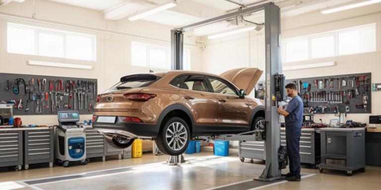 Bright automotive service bay with lifts, organized tools, and a vehicle being inspected