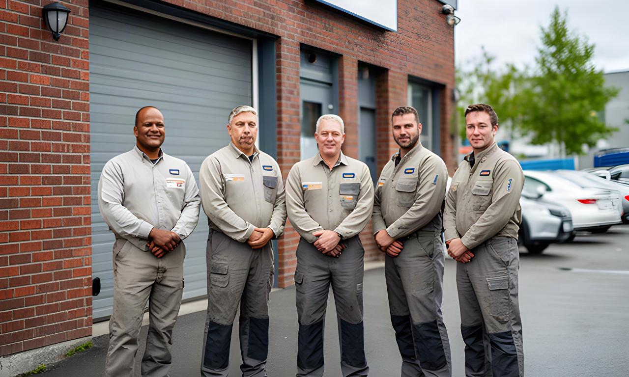 Five automotive technicians standing outside a brick repair shop in Saguenay, Quebec