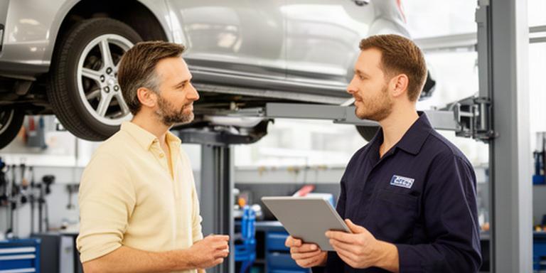 Customer and automotive technician discussing vehicle service details beside a raised car