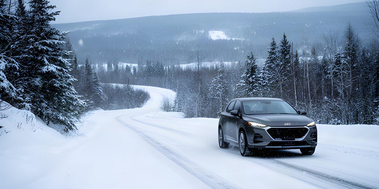 Car driving along a snow-covered road near Saguenay in winter