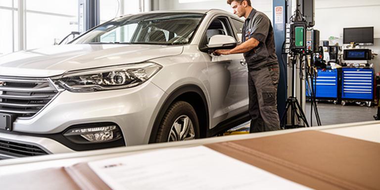 Mechanic inspecting a vehicle beside a service bay while a customer record remains at the service counter
