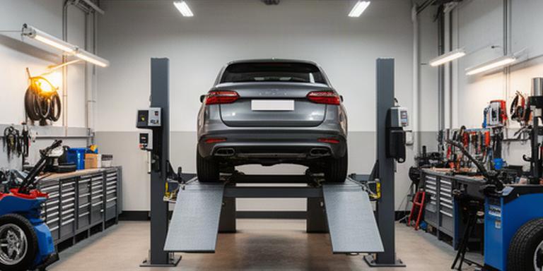 Clean automotive service bay with a vehicle raised on a lift and tools arranged beside the mechanic